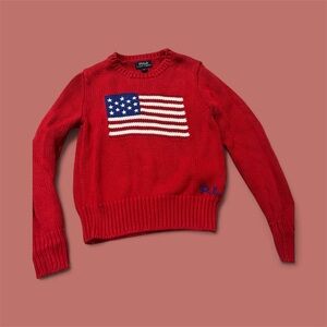Ralph Lauren Red Knit Sweater with Flag Motif